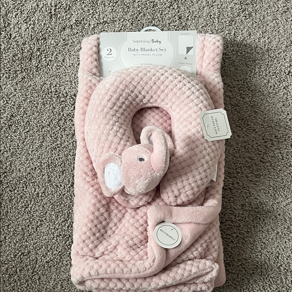 Pink Plush Baby Blanket Set with Travel Pillow